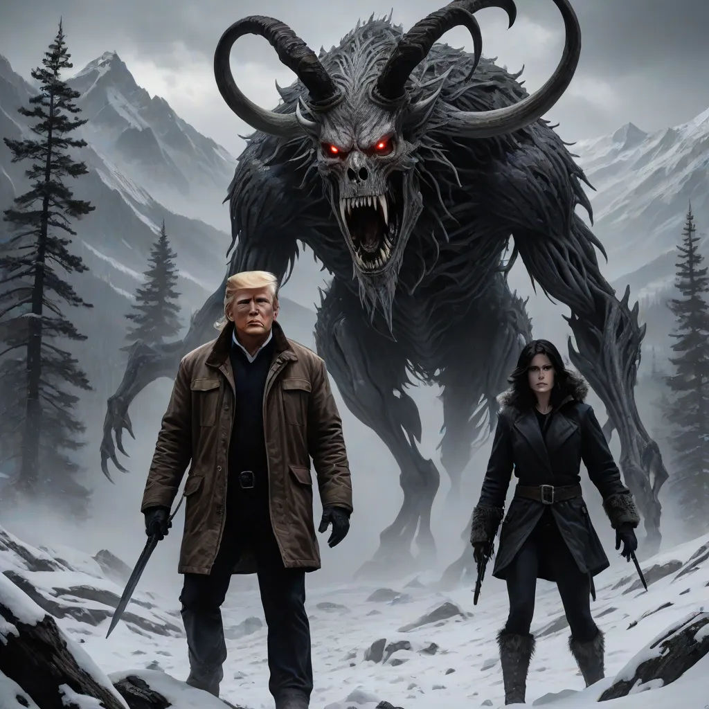 a man and a woman standing in front of a giant demon with two swords in their hands and a demon with two heads, poster art, Eddie Mendoza, symbolism, key art