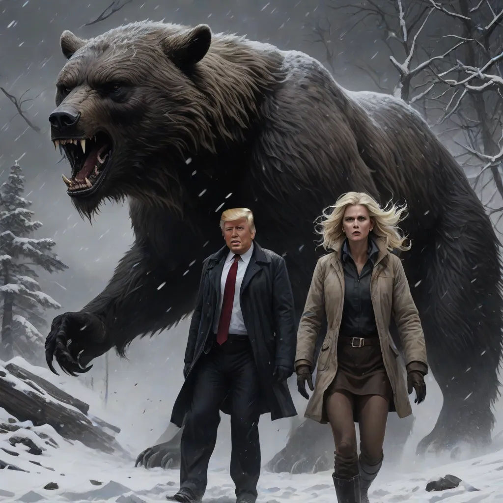 a man and a woman walking in the snow with a bear on their back and a man in a suit and tie, concept art, David Palumbo, american realism, official art