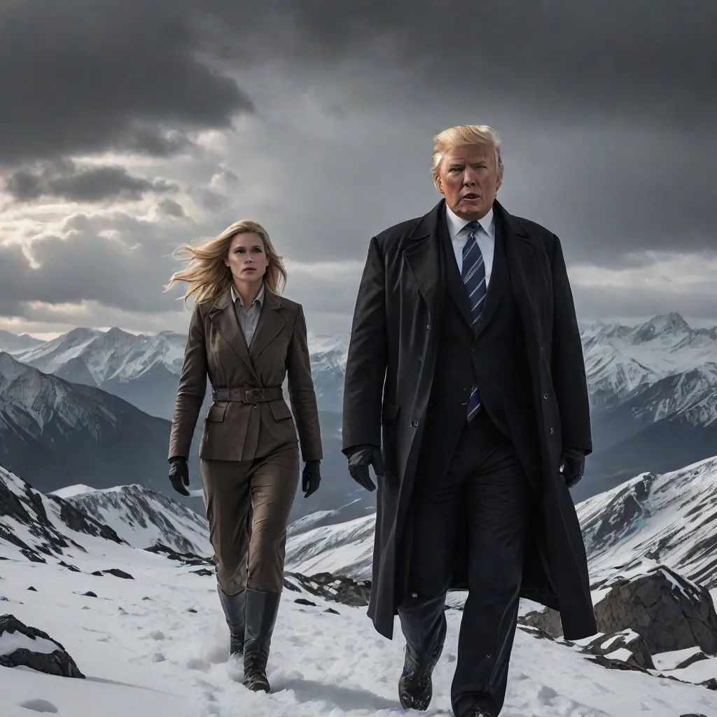 a man and a woman walking in the snow together in suits and ties, with mountains in the background, a matte painting, Donald Roller Wilson, international gothic, promotional image