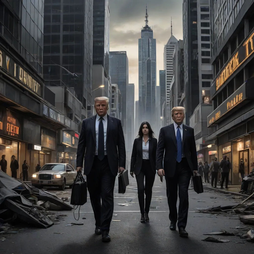 a group of people walking down a street in a city with tall buildings in the background and a woman in a suit and tie, a matte painting, Dong Kingman, american realism, promotional image
