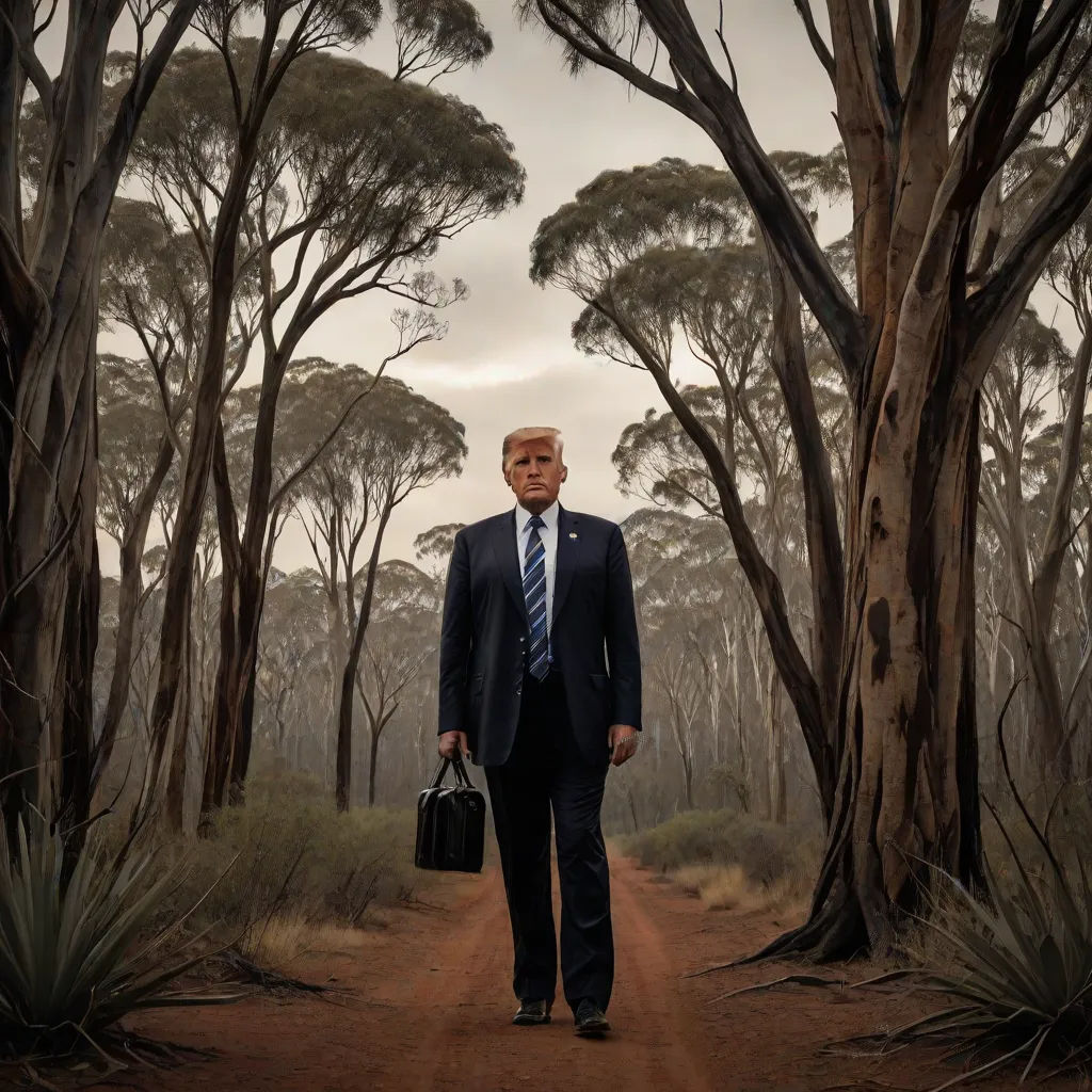 a man in a suit and tie walking down a dirt road with trees in the background and a bag in his hand, a fine art painting, Donald Roller Wilson, nuclear art, dystopian art
