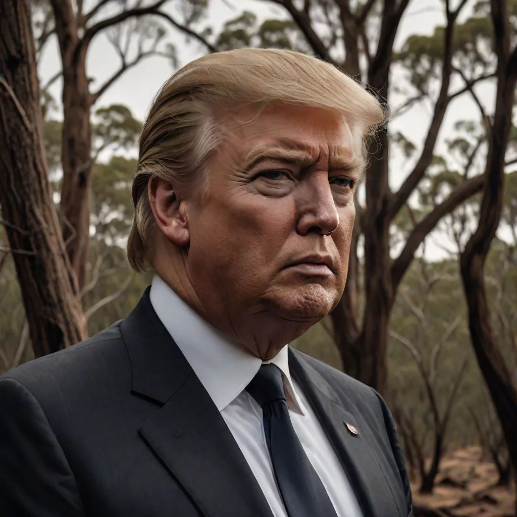 a man in a suit and tie with a fake donald trump head on his face in a forest of trees, a hyperrealistic painting, Donald Roller Wilson, american realism, extremely detailed oil painting