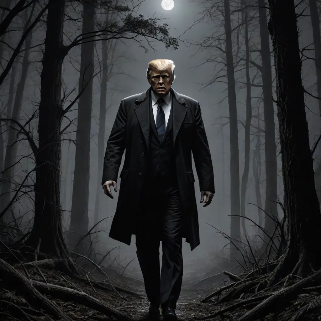 a man in a suit and tie walking through a forest at night with a full moon in the background, poster art, Donald Roller Wilson, american romanticism, eerie