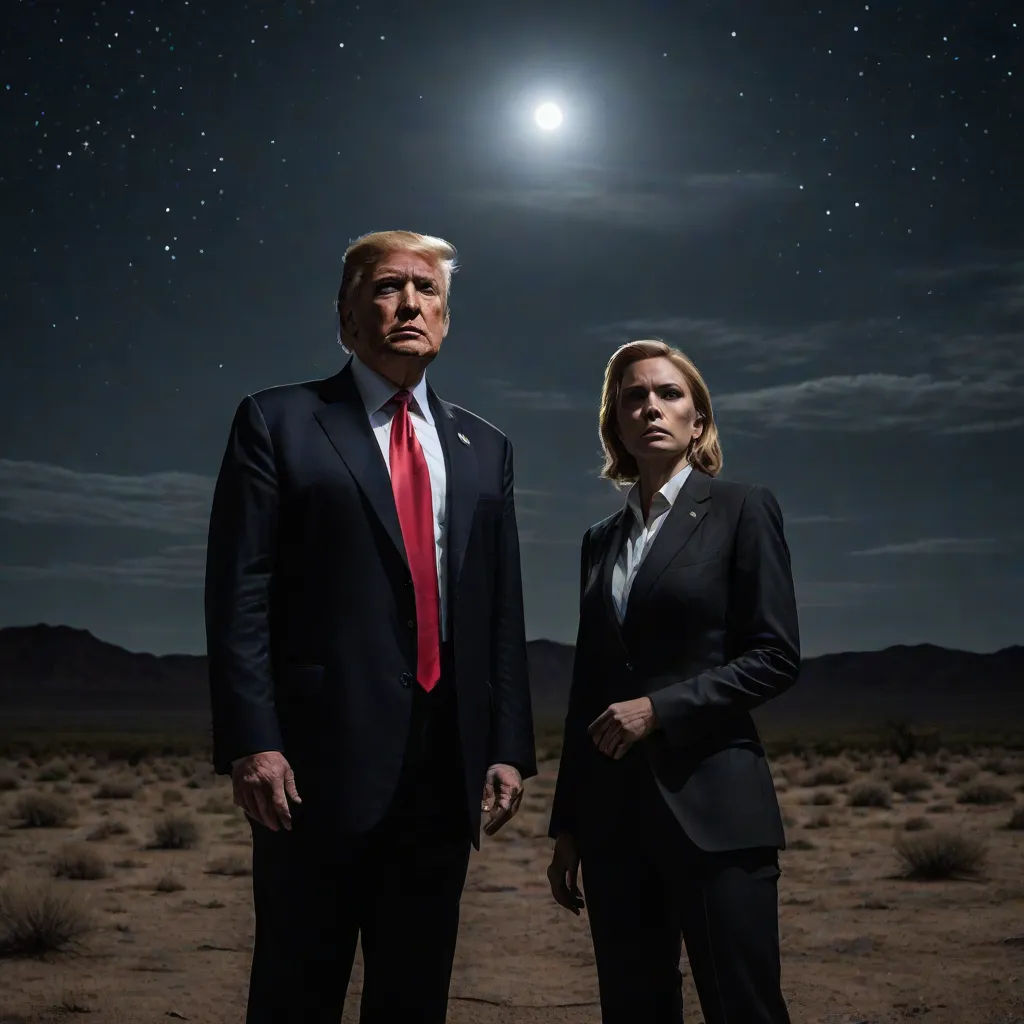 a man and a woman in business attire standing in the desert at night with the moon in the sky, a poster, Annie Leibovitz, serial art, promotional image