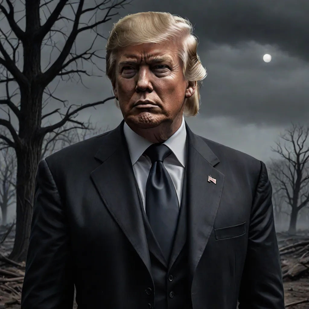 a man in a suit and tie with a creepy face on it's face, standing in a forest, a digital rendering, Donald Roller Wilson, american realism, dystopian art