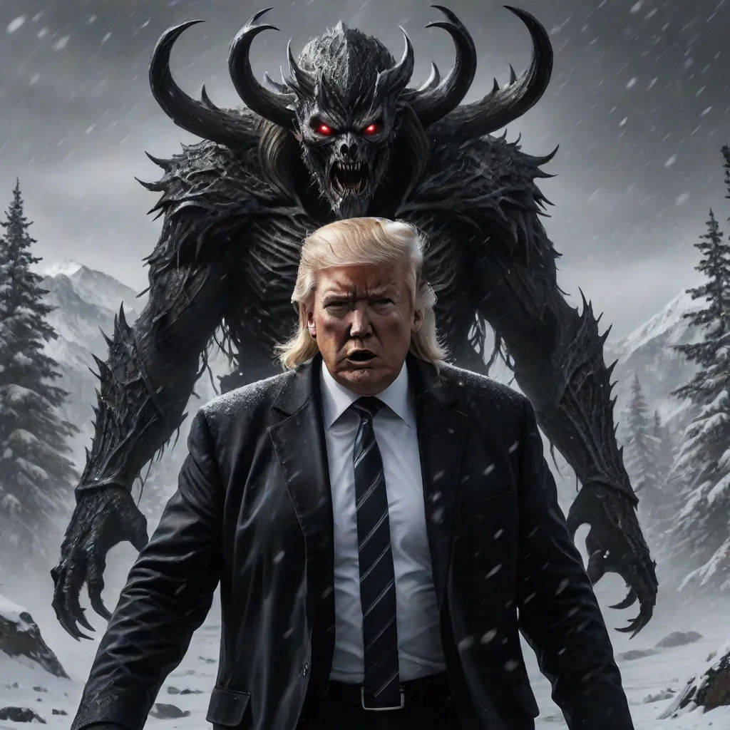a man in a suit and tie standing in front of a giant demon with red eyes and a black suit, concept art, Eddie Mendoza, fantasy art, dark art