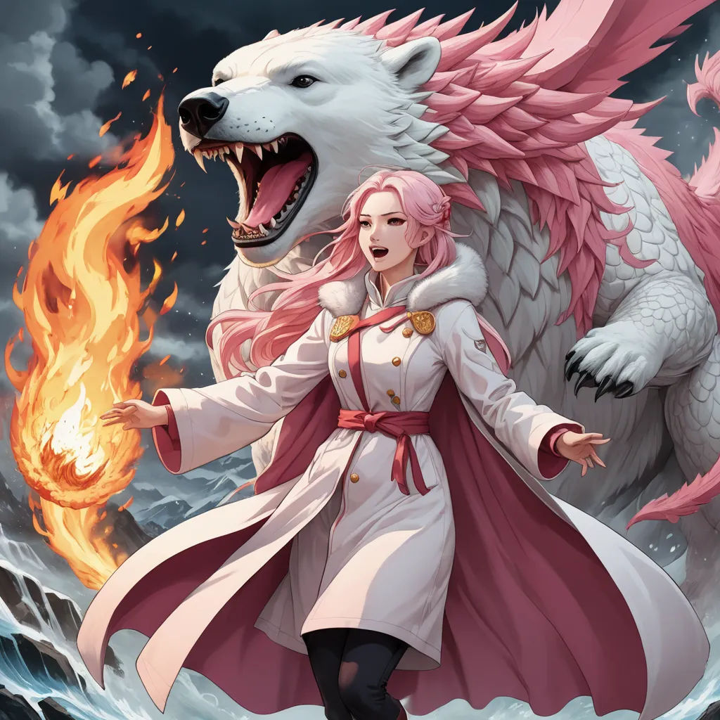 a woman in a white coat and a white bear in a red cape and a red cape on her head, fantasy art, a character portrait, Chizuko Yoshida, official art