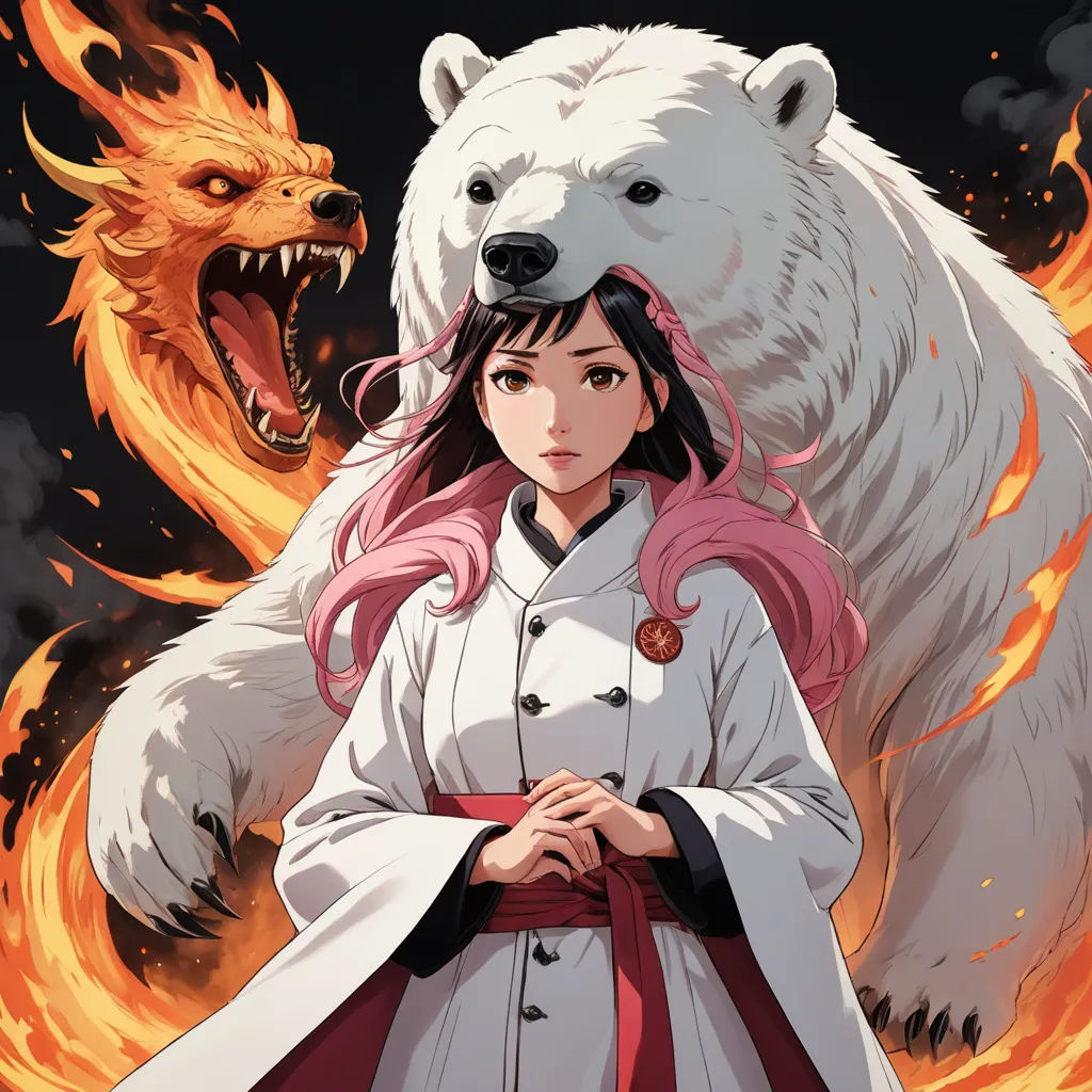 a woman in a white coat standing next to a white bear with pink hair and a red cape on, fantasy art, a character portrait, Artgerm, official art