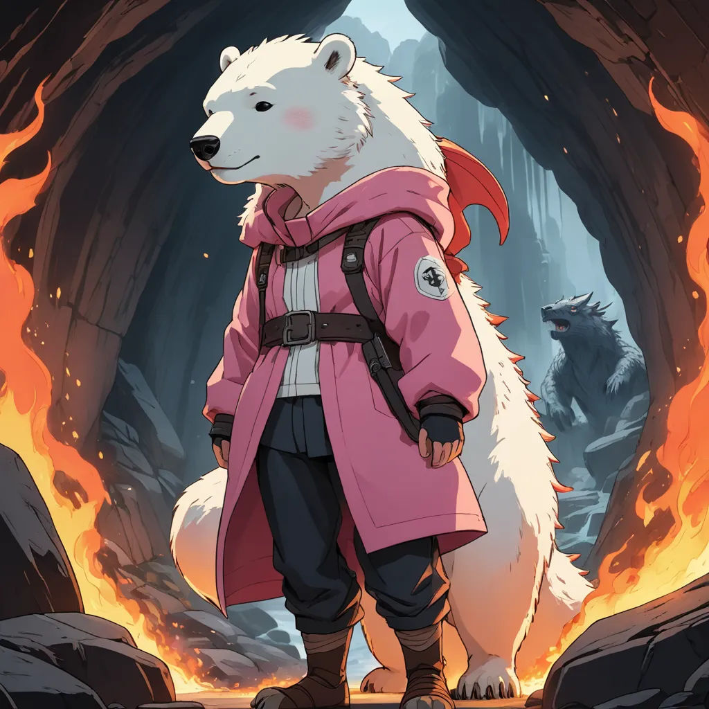 a man in a pink coat standing in front of a fire pit with a white bear on his back, furry art, a character portrait, Chizuko Yoshida, official art