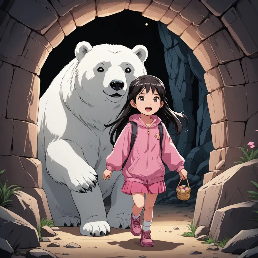 a girl and a bear in a cave with a light shining on them and a basket of flowers in front of them, net art, a storybook illustration, Chizuko Yoshida, official art