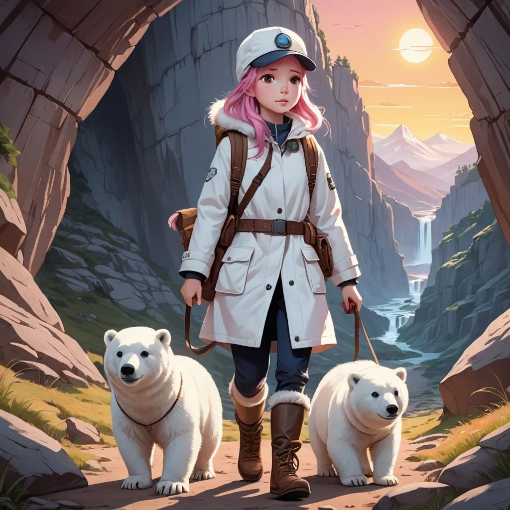 a girl in a white coat and hat with two polar bears on a path in a cave with a waterfall, fantasy art, a character portrait, Atey Ghailan, official art