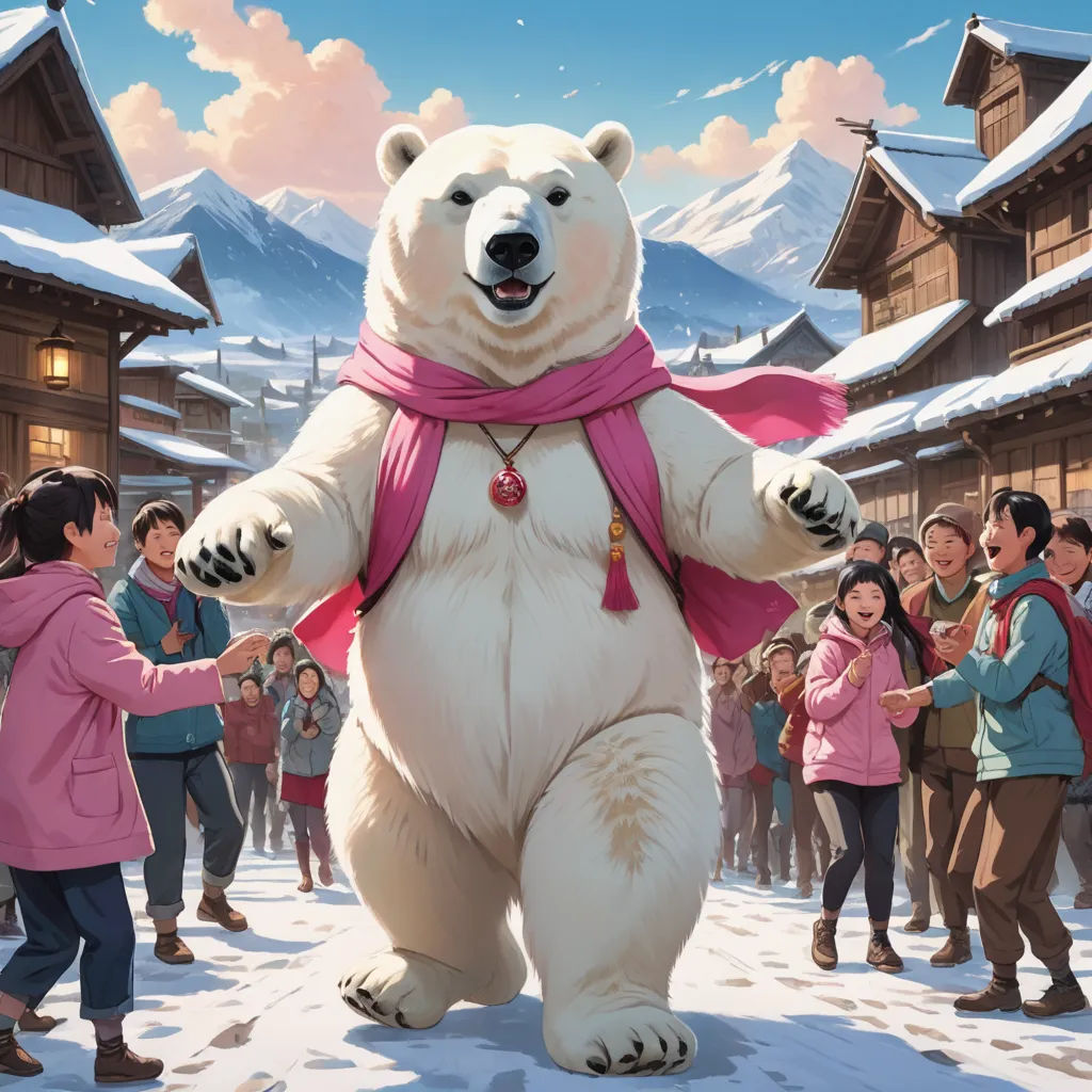 a large white bear standing in front of a crowd of people in a snowy town with mountains in the background, furry art, a storybook illustration, Chris LaBrooy, official art