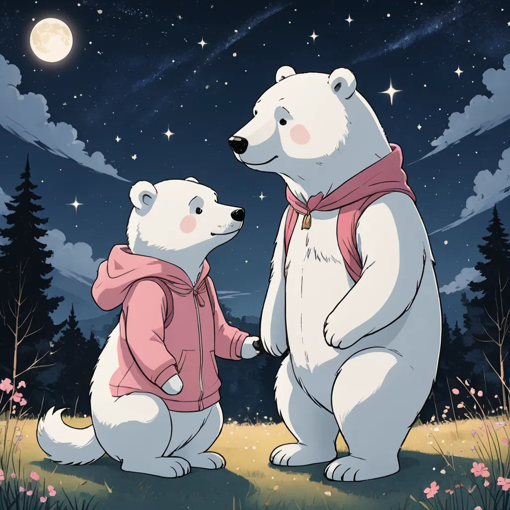 two polar bears standing next to each other in a field at night with the moon in the sky above them, furry art, a storybook illustration, Chris LaBrooy, official art