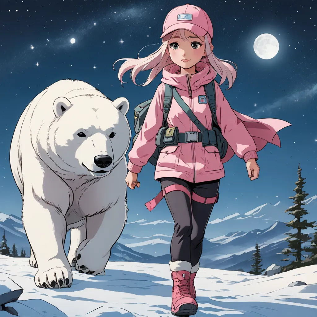 a girl walking next to a polar bear in the snow at night with stars in the sky above her, furry art, a character portrait, artist, official art