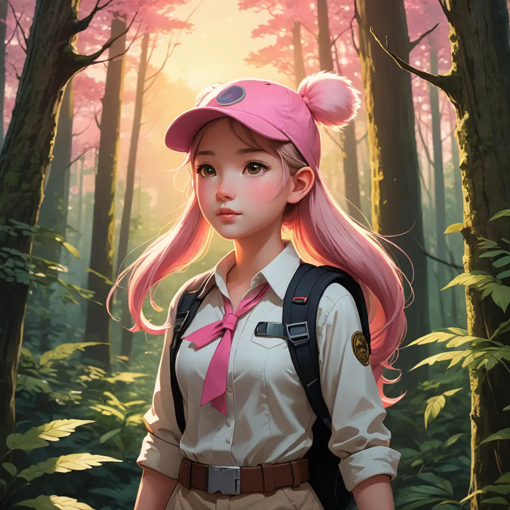 a girl with pink hair and a pink hat in a forest with trees and bushes, with a pink bow tie, fantasy art, a character portrait, Artgerm, rossdraws global illumination