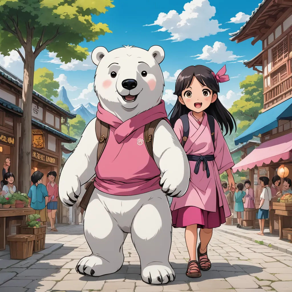 a girl walking next to a large white bear in a city street with people looking on in the background, furry art, concept art, disney, official art
