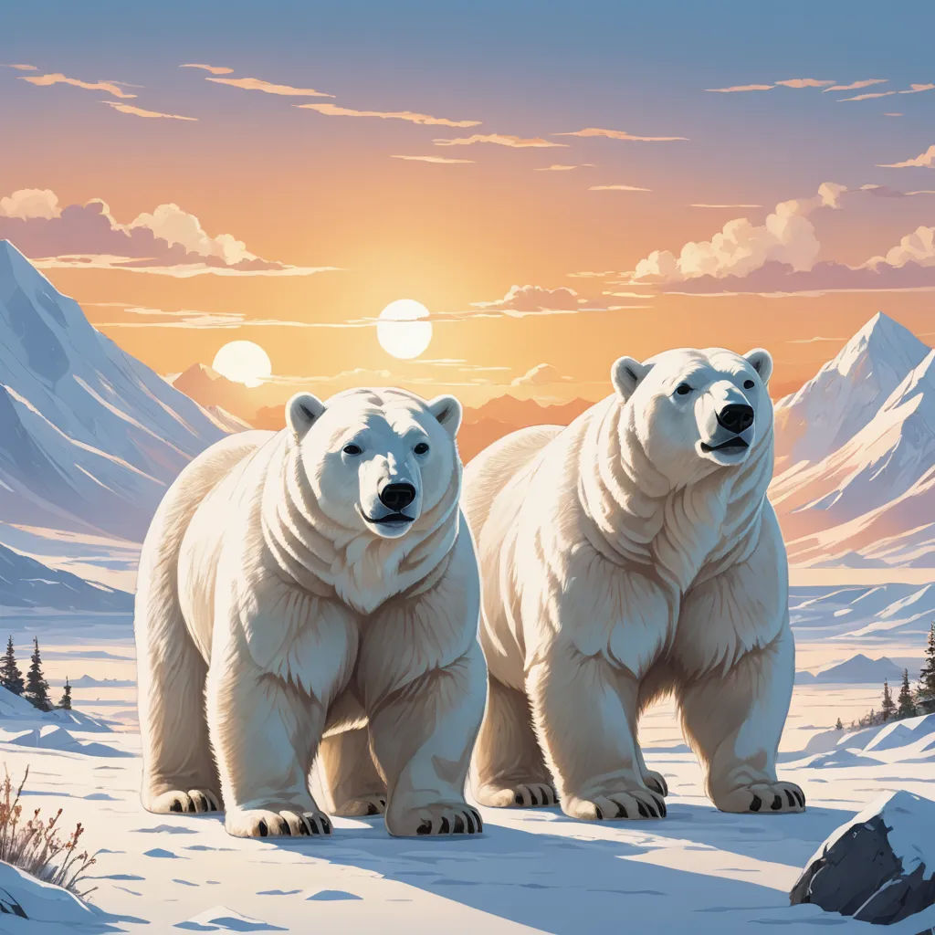 two polar bears standing in the snow at sunset with mountains in the background and a sun setting behind them, furry art, an airbrush painting, Brothers Hildebrandt, josan gonzales and dan mumford