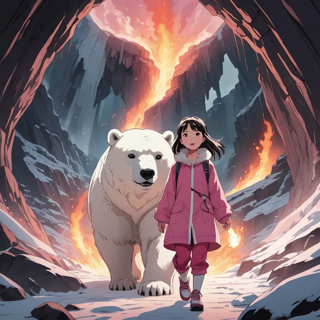 a girl walking in front of a polar bear in a cave with a fire in the background and a mountain in the background, environmental art, poster art, Atey Ghailan, official art