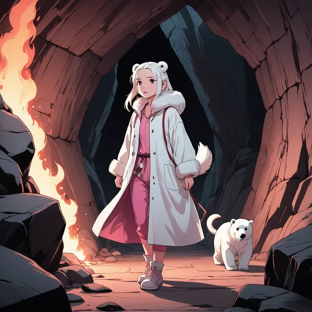 a woman in a white coat and a white dog in a cave with a fire coming from it and a man in a pink coat, furry art, concept art, artist, official art