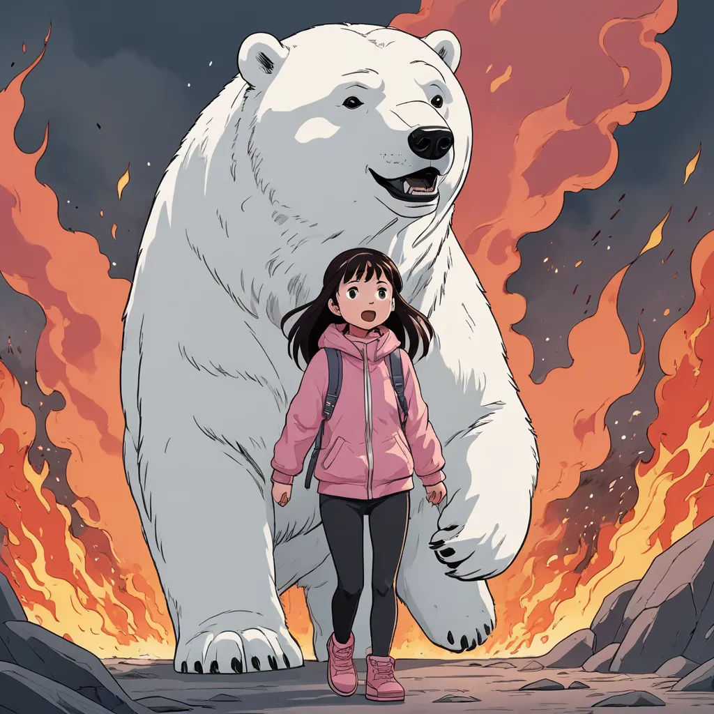 a girl standing next to a large white polar bear on a rocky hillside with a fire in the background, environmental art, a comic book panel, Asaf Hanuka, official art