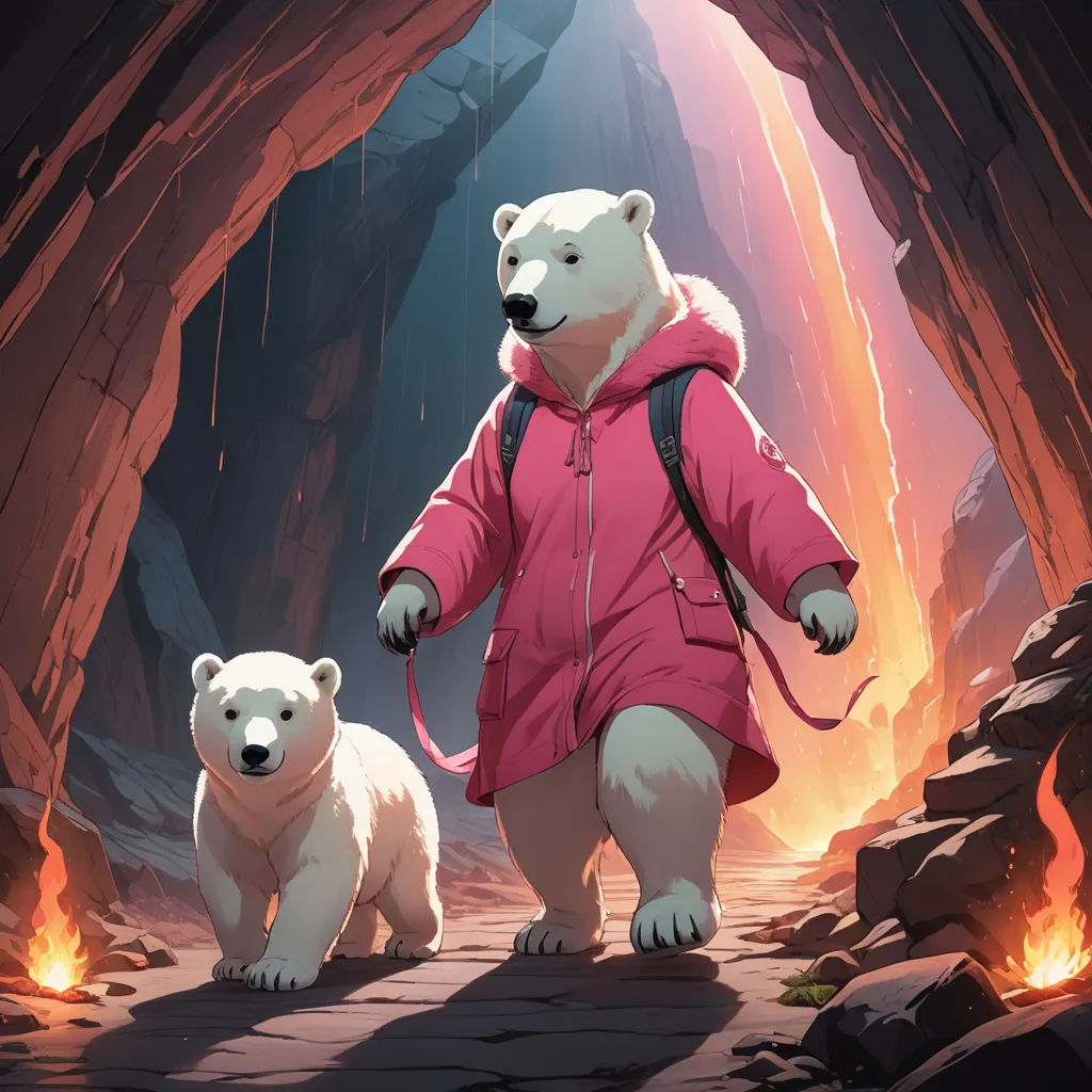 a woman in a pink coat and a white polar bear in a cave with a fire in the background, furry art, concept art, Cyril Rolando, official art