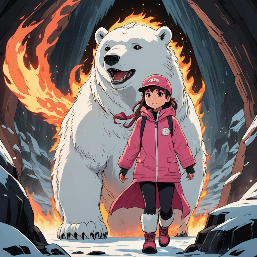 a girl in a pink coat and a white bear in a snowy landscape with a red hat and a red coat, environmental art, poster art, Atey Ghailan, official art