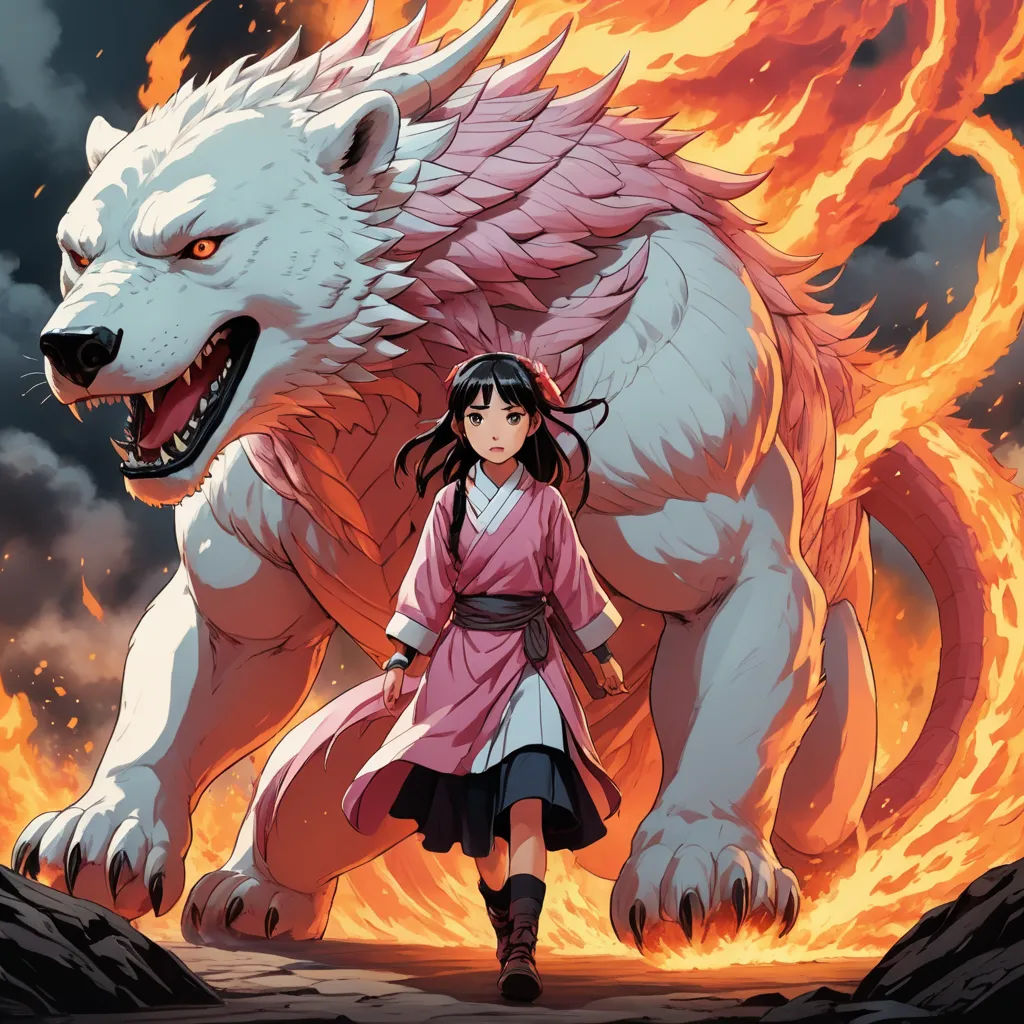 a girl in a pink outfit standing next to a white wolf with red eyes and a red tail and a pink coat, fantasy art, poster art, Ayako Rokkaku, official art
