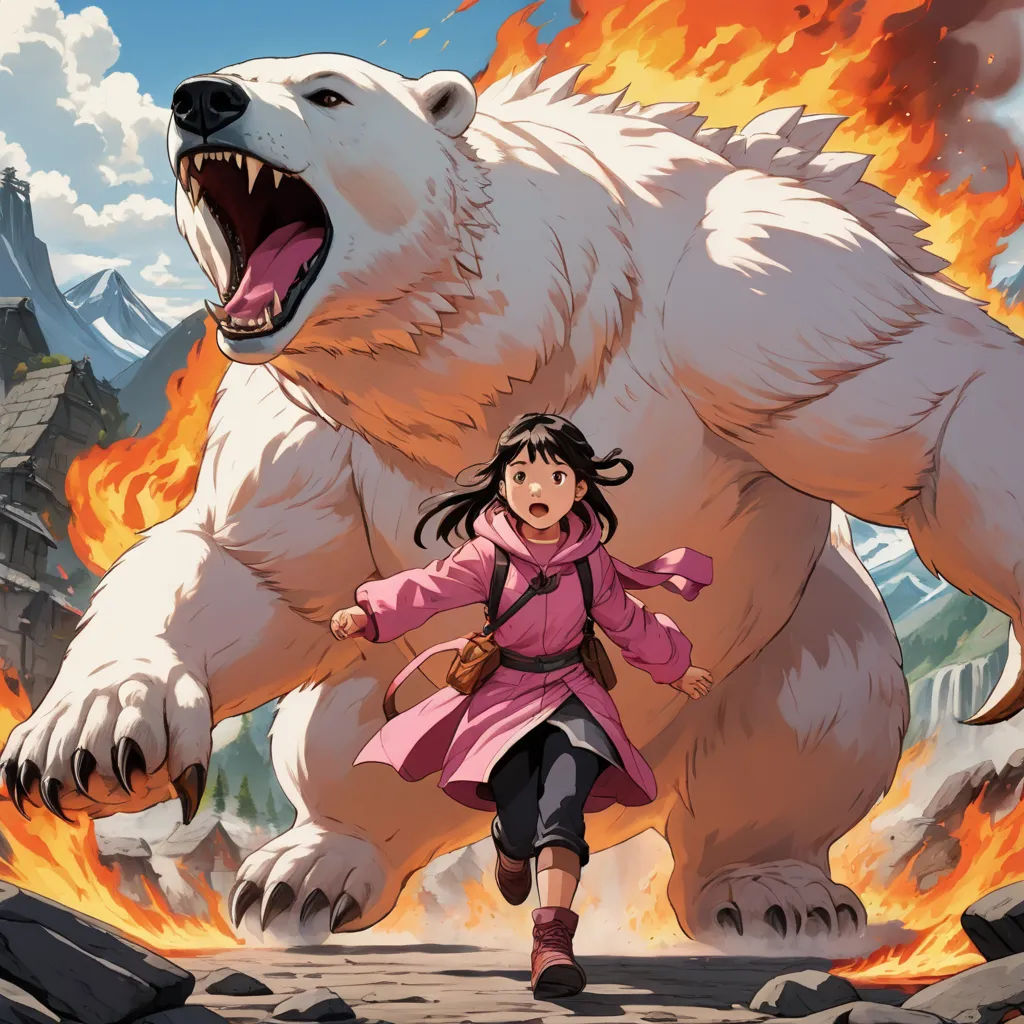 a girl is walking in front of a large bear with a fire in its mouth and a mountain in the background, furry art, a comic book panel, Brom, cushart krenz