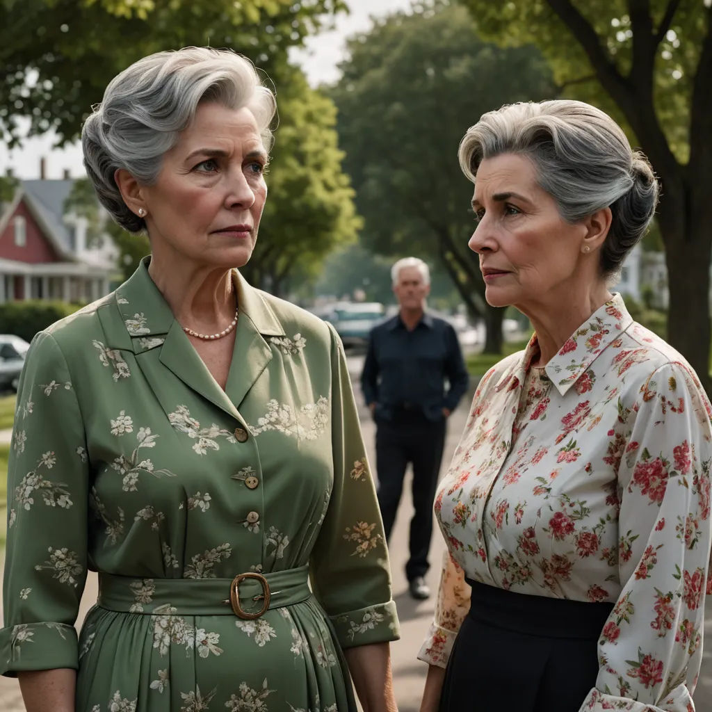 two women standing next to each other on a sidewalk near a tree and a man in a suit and tie, international gothic, a poster, Ada Gladys Killins, promotional image