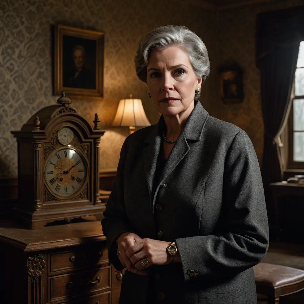 a woman standing in a room with a clock on the wall and a lamp on the table behind her, american realism, a character portrait, Anne Dunn, promotional image