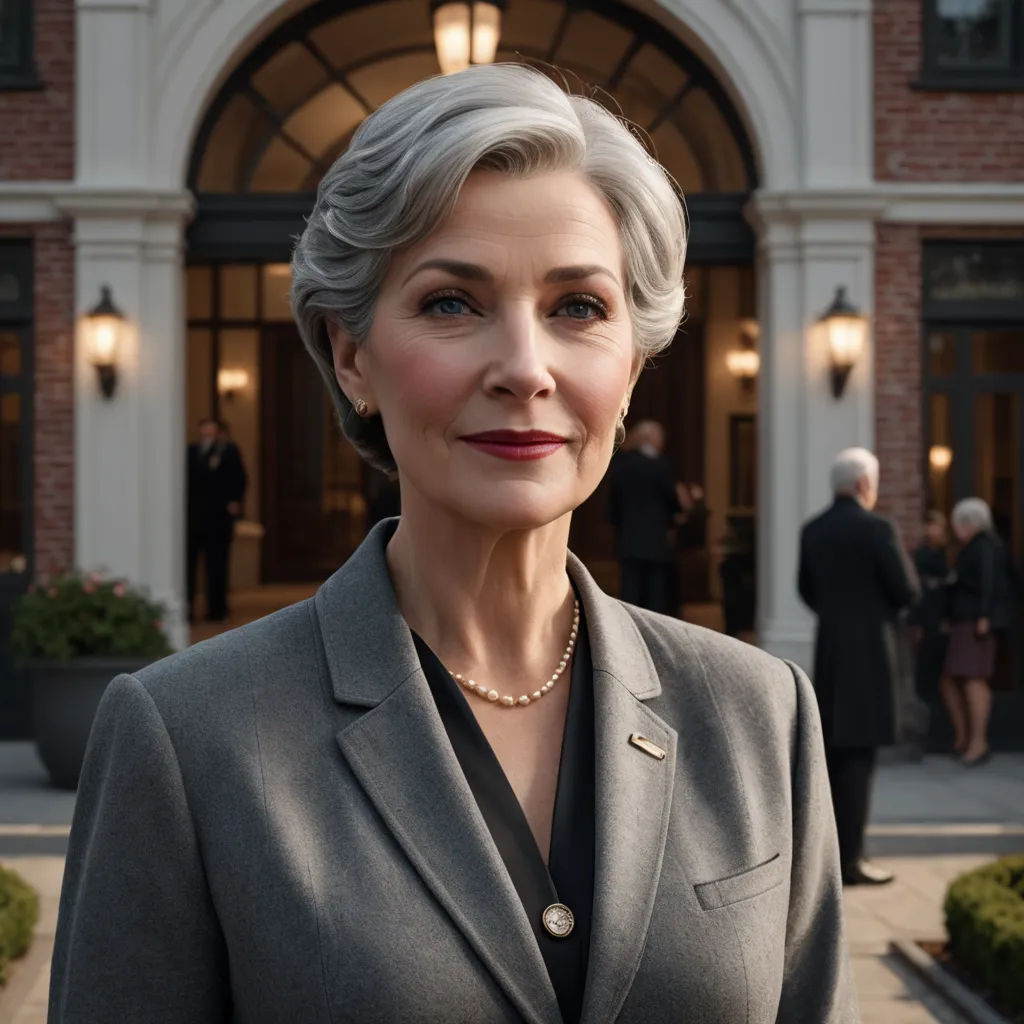 a woman in a suit and pearls stands in front of a building with a door and a doorway with a man in a suit and tie, vancouver school, a character portrait, Barbara Greg, promotional image