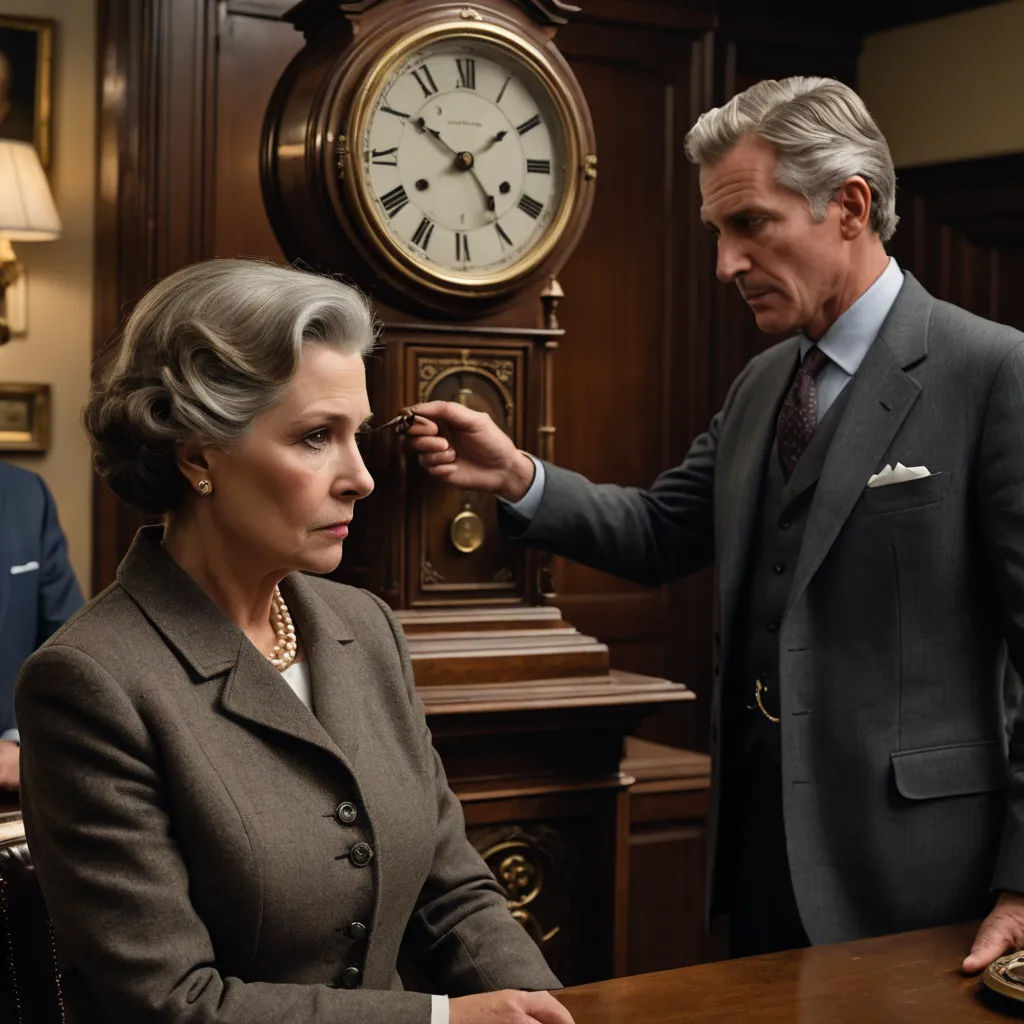 a man standing next to a woman in a suit and tie in front of a clock on a wall, arts and crafts movement, a detailed matte painting, David Annand, dark shadows