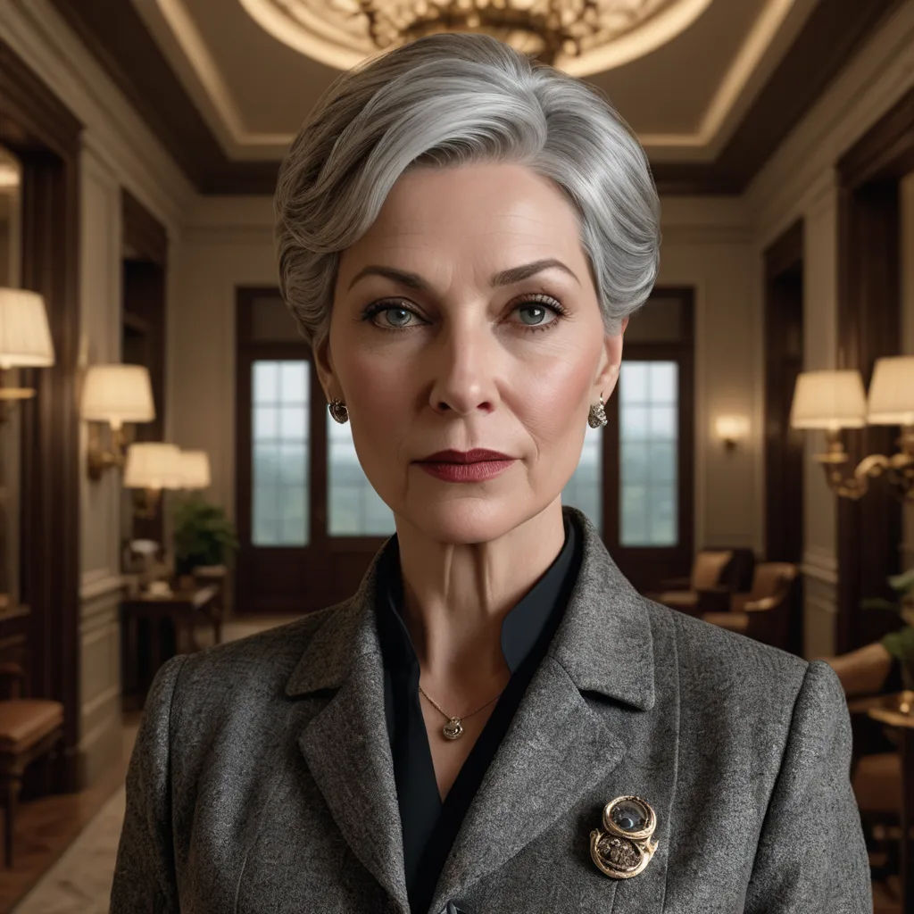 a woman in a suit and a chandelier in a room with chandeliers and lamps on the walls, international gothic, a character portrait, Ancell Stronach, promotional image