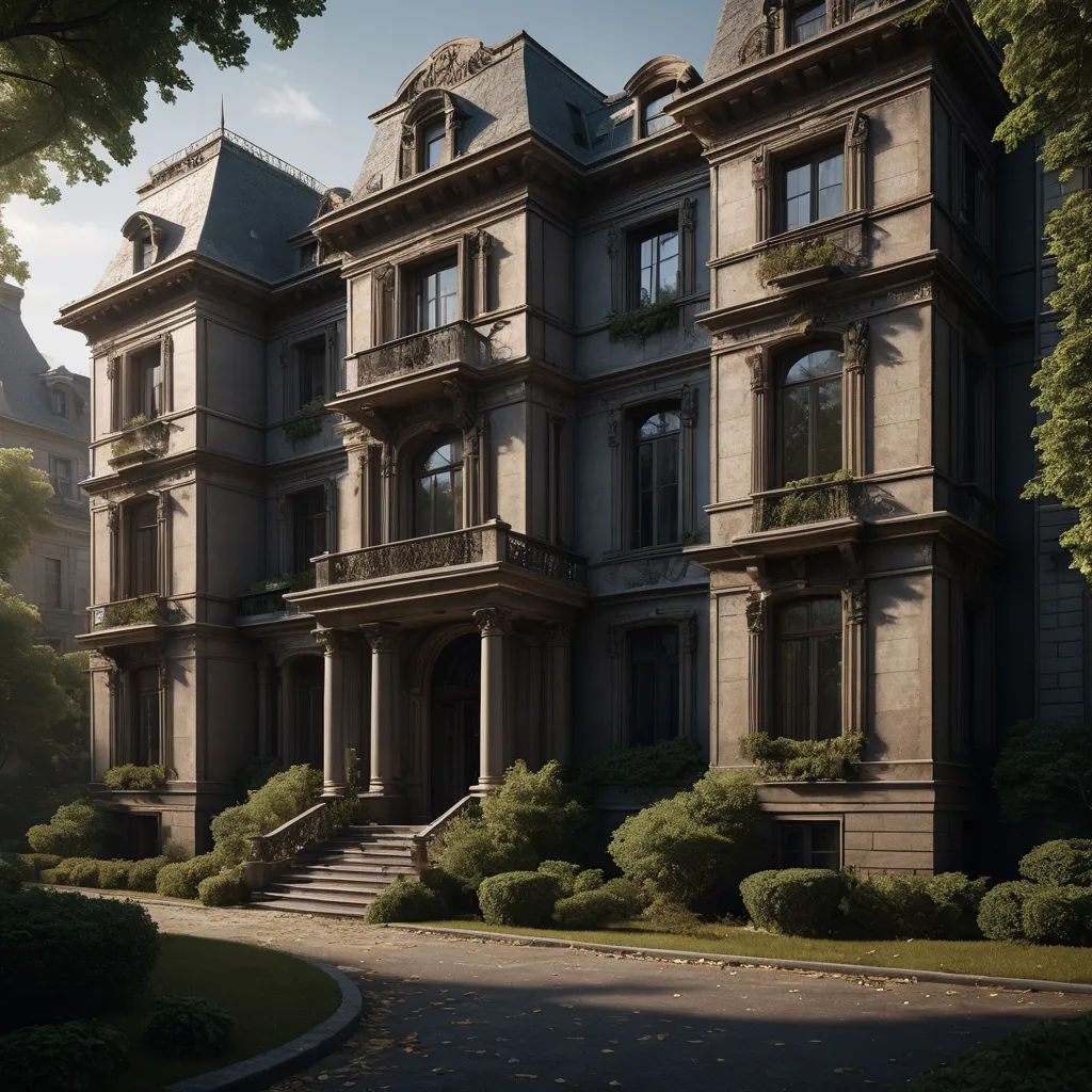 a large building with a lot of windows and a lot of bushes and trees around it and a paved road, paris school, a detailed matte painting, Cedric Seaut (Keos Masons), unreal engine 5 rendered