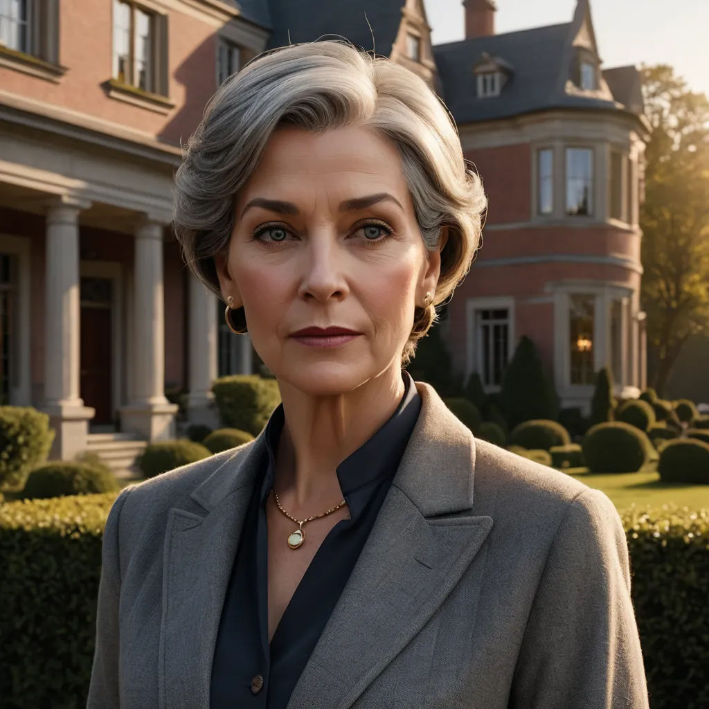 a woman in a suit standing in front of a house with a large lawn and hedges in front of it, arbeitsrat für kunst, a character portrait, Daphne Fedarb, promotional image