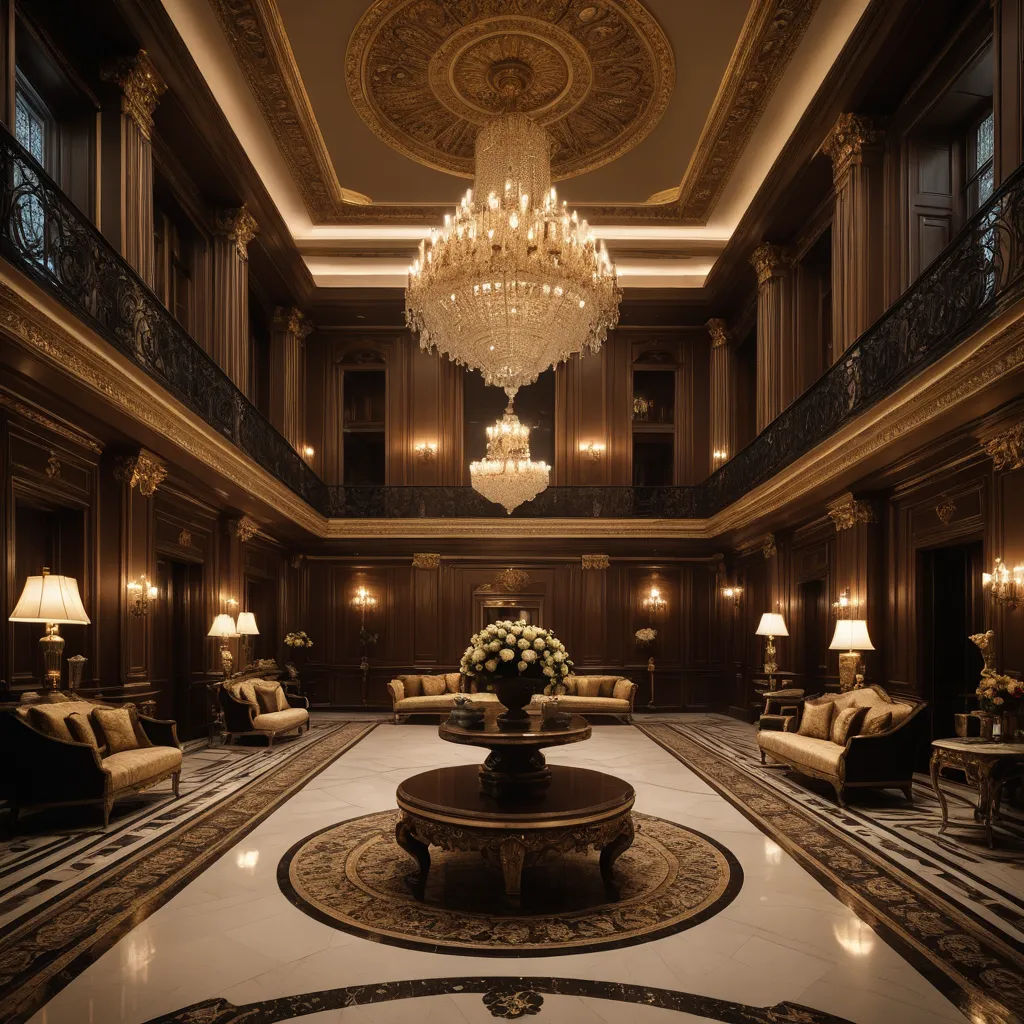 a fancy lobby with chandelier and seating area with a chandelier hanging from the ceiling and a chandelier hanging from the ceiling, neoclassicism, a digital rendering, Enguerrand Quarton, luxury