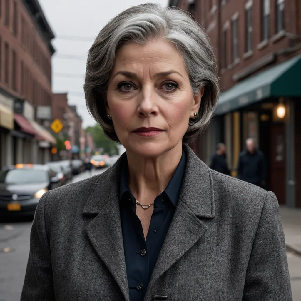 a woman in a gray jacket and black shirt standing on a street corner with a car in the background, institutional critique, a character portrait, Constance-Anne Parker, promotional image