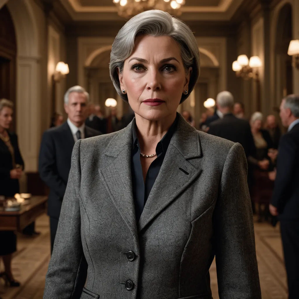 a woman in a suit standing in a room with other people in the background and a chandelier, neoism, a character portrait, Ancell Stronach, promotional image