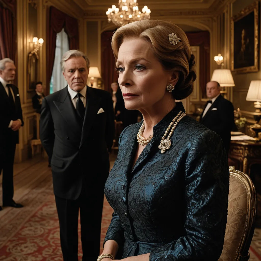 a woman in a blue dress and a man in a suit stand in a room with chandeliers, international gothic, a poster, Constance-Anne Parker, promotional image