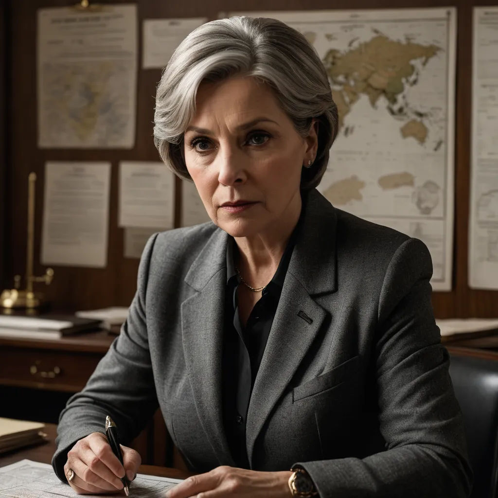 a woman sitting at a desk with a pen and paper in her hand and a map on the wall behind her, tachisme, a character portrait, Constance Copeman, promotional image