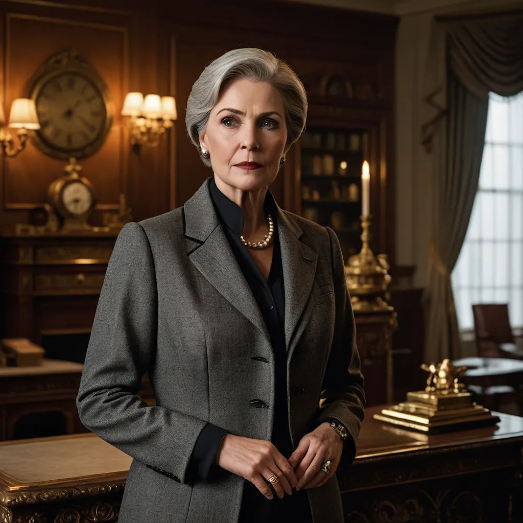 a woman in a suit standing in a room with a desk and clock on the wall behind her and a window, neoism, a character portrait, Constance Copeman, promotional image