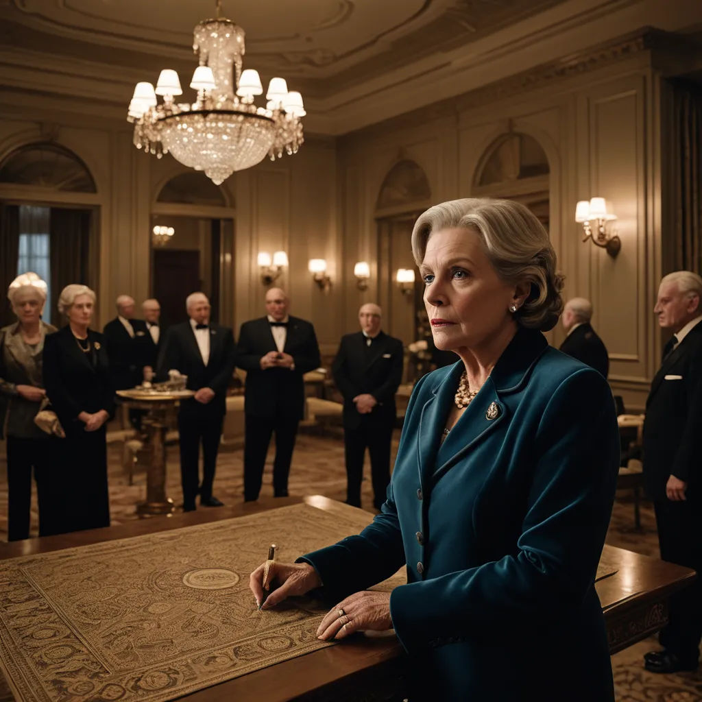 a woman standing at a table in a room with other people in suits and ties standing around her and a chandelier hanging from the ceiling, neoism, a detailed matte painting, Ancell Stronach, promotional image