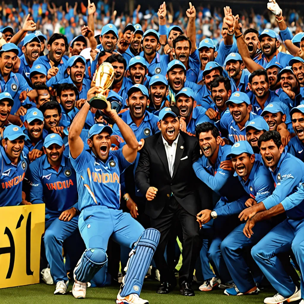 a group of men in blue uniforms holding a trophy and posing for a picture with a crowd of them, Bapu, happening, a photo, huge scene