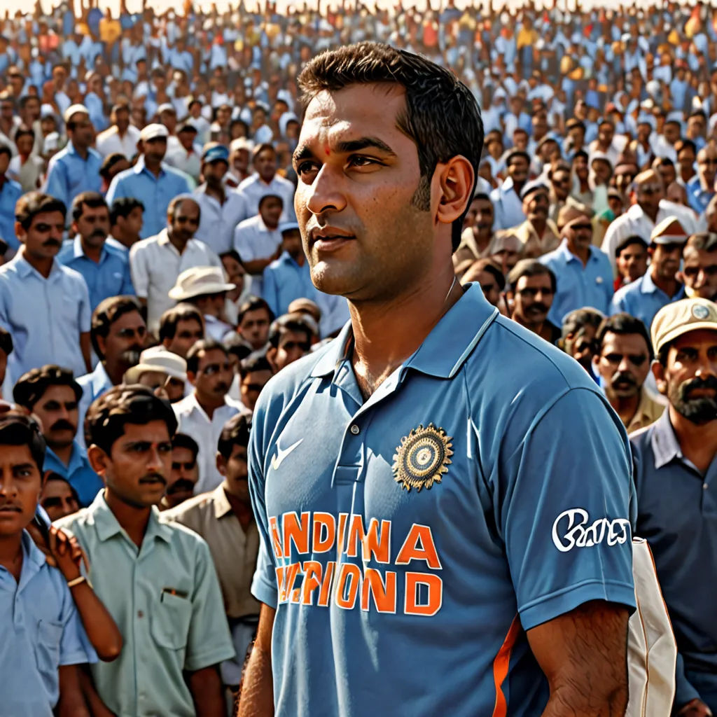 a man in a blue shirt standing in front of a crowd of people in blue shirts and caps,, Bhupen Khakhar, samikshavad, a colorized photo, promotional image