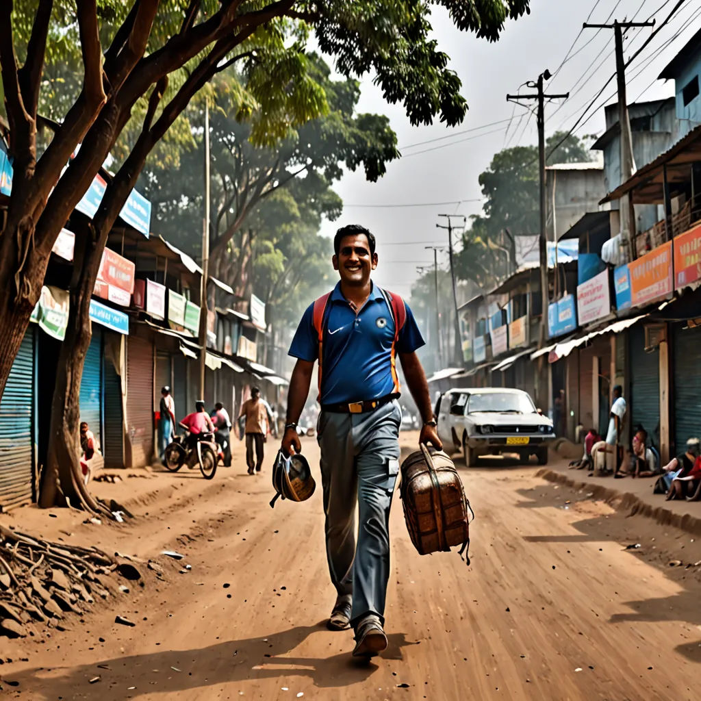 a man walking down a dirt road carrying a bag and a bucket in his hand and a car parked on the side of the road, Bikash Bhattacharjee, samikshavad, a character portrait, award - winning photography