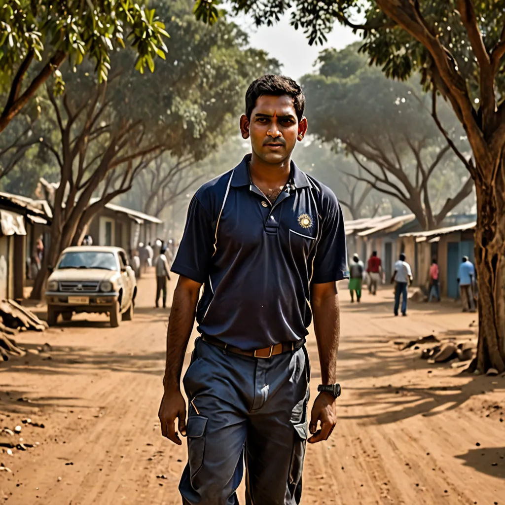 a man walking down a dirt road in front of a truck and a tree filled street with people walking on the side of the road, Bruce Onobrakpeya, samikshavad, a character portrait, jayison devadas