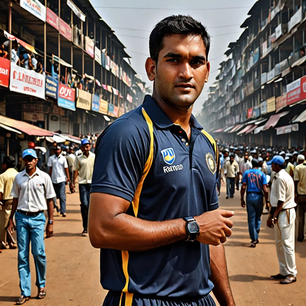 a man in a blue shirt standing in a street with people in the background and a building in the background, Bikash Bhattacharjee, samikshavad, a microscopic photo, jayison devadas