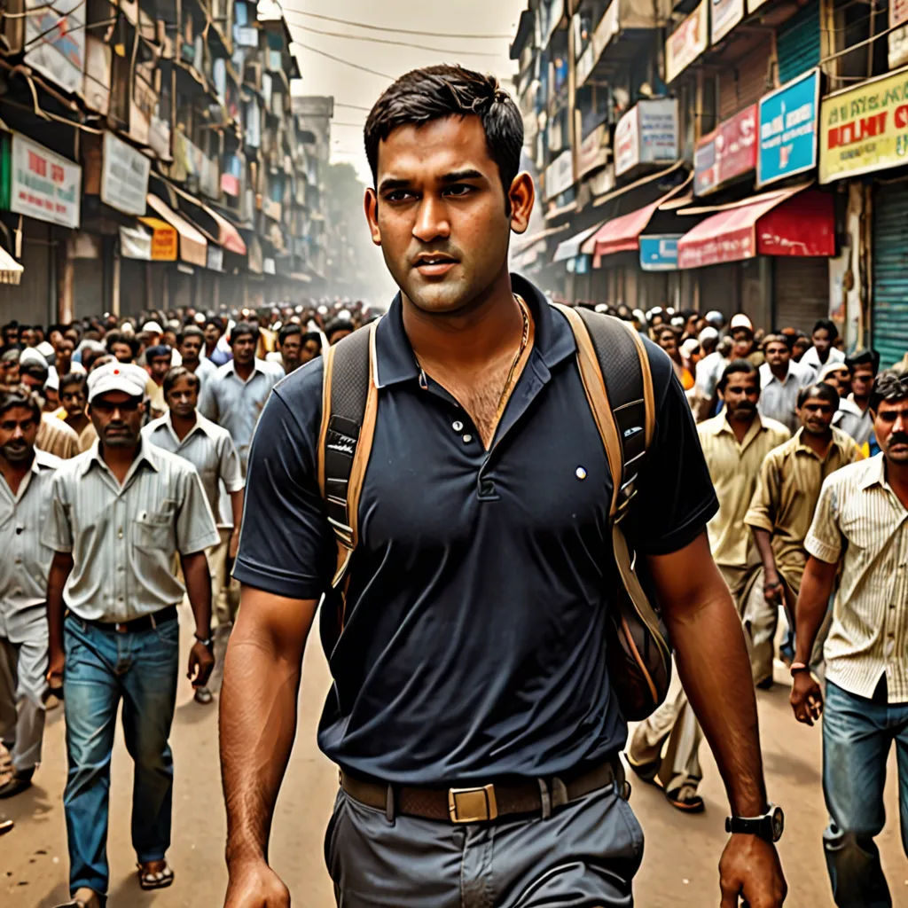a man walking down a crowded street with a backpack on his back and a crowd of people behind him, Bholekar Srihari, samikshavad, poster art, movie still frame
