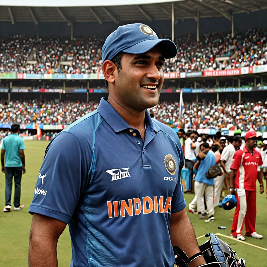 a man in a blue shirt and hat standing in a field with a crowd of people behind him and a baseball glove in his hand, Bholekar Srihari, samikshavad, a bronze sculpture, promotional image