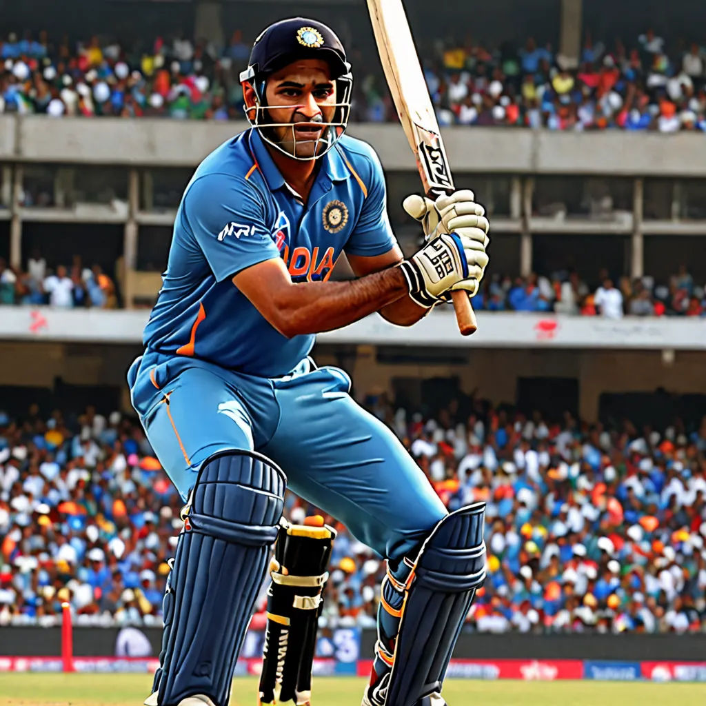 a man in a blue uniform holding a bat in front of a crowd of people in a stadium with a stadium full of people, Bholekar Srihari, fantastic realism, a bronze sculpture, promotional image